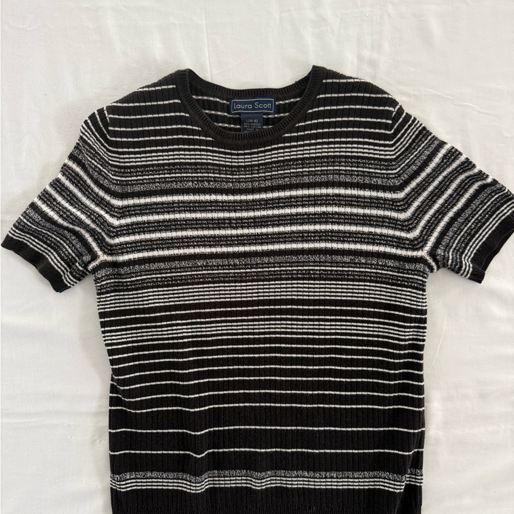 Laura Scott Short Sleeve Knit Sweater Top Black White Stripe Size Large (14/16)
